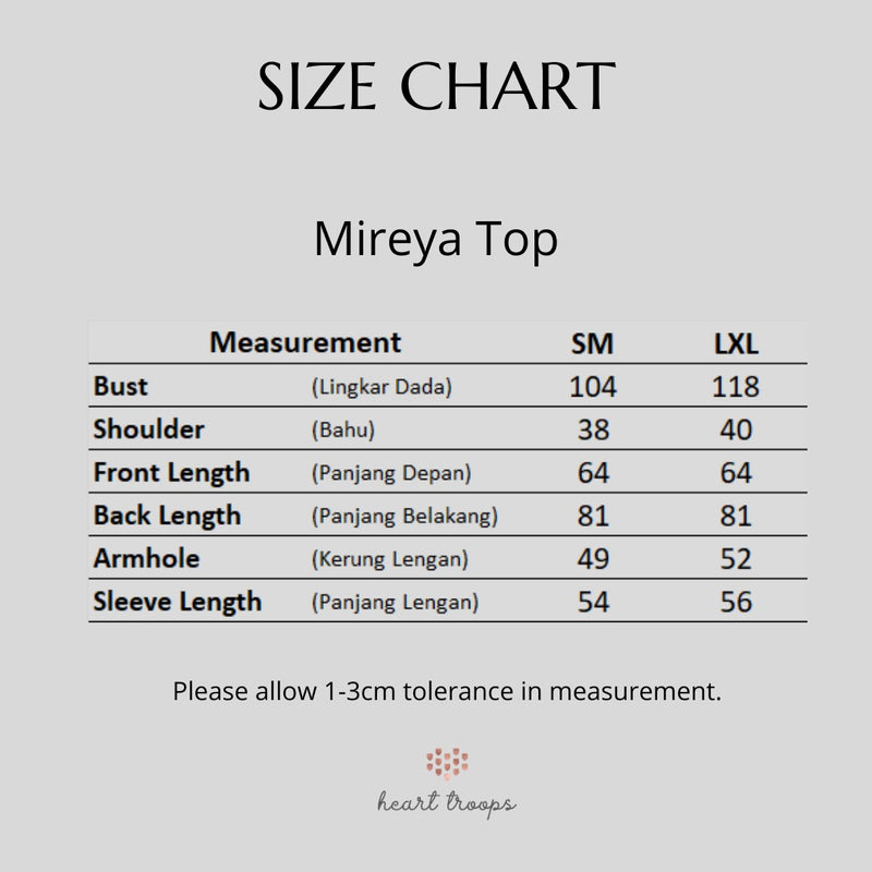 Panduan Ukuran Produk Mireya Atasan Lengan Panjang Wanita