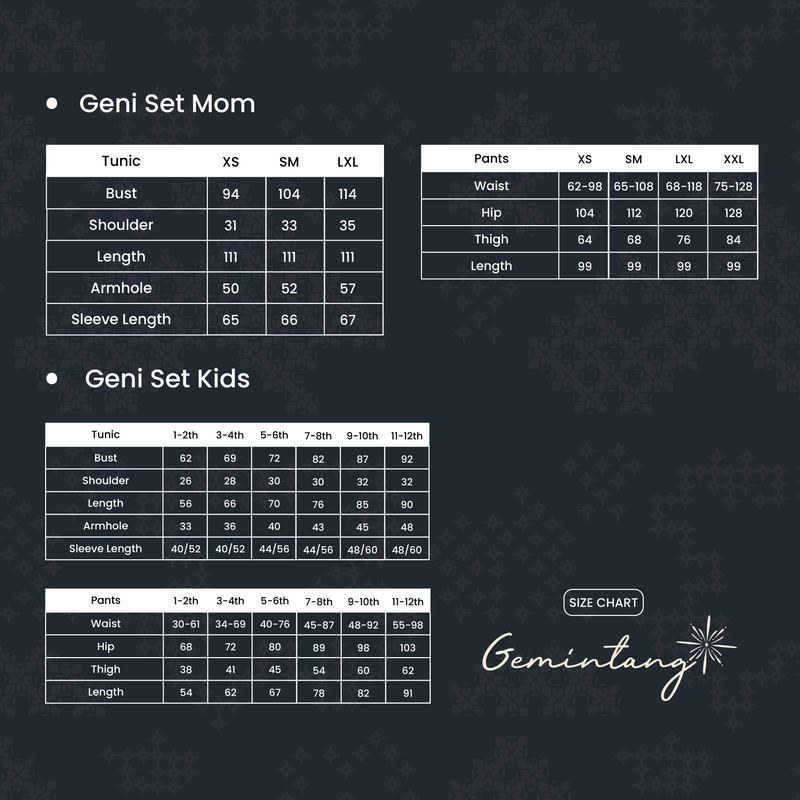 Panduan Ukuran Produk Geni Set Mom & Kids Malam
