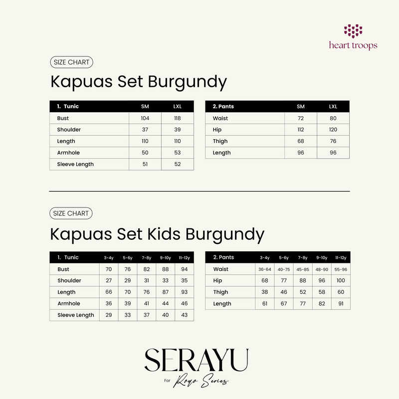 Panduan Ukuran Produk Kapuas Set Burgundy Mom & Kids