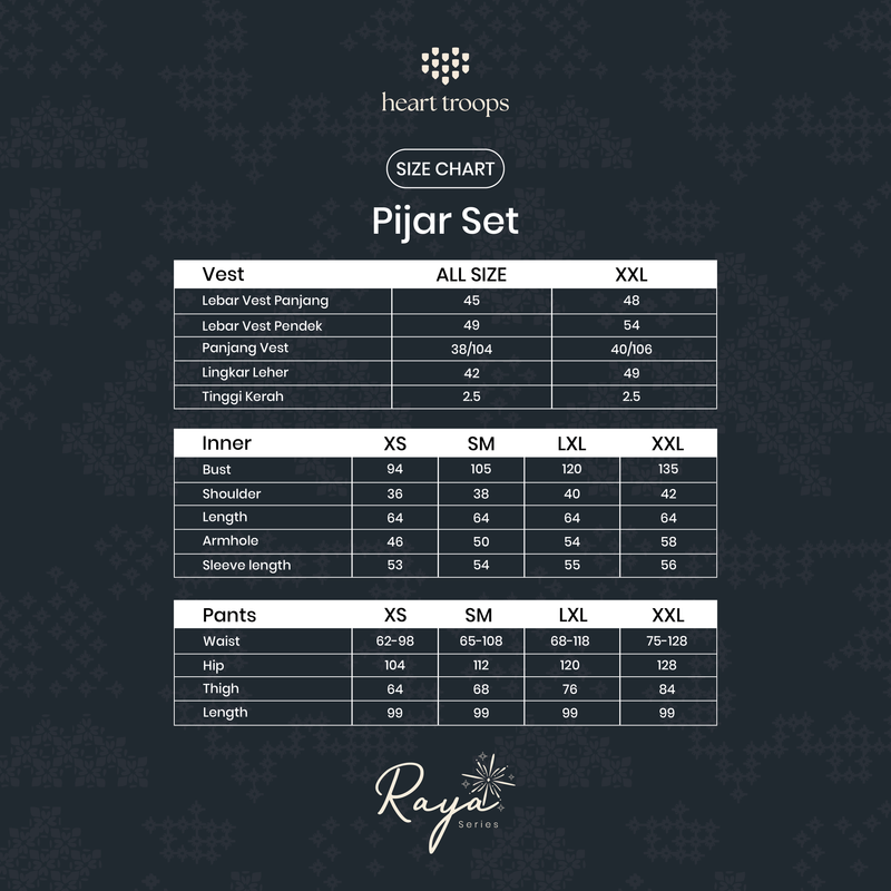 Panduan Ukuran Produk Pijar Complete Set Malam (Vest + Inner + Pants)