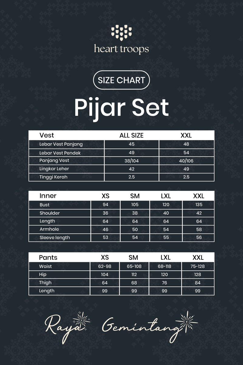 Panduan Ukuran Produk Pijar Complete Set Senja (Vest + Inner + Pants)